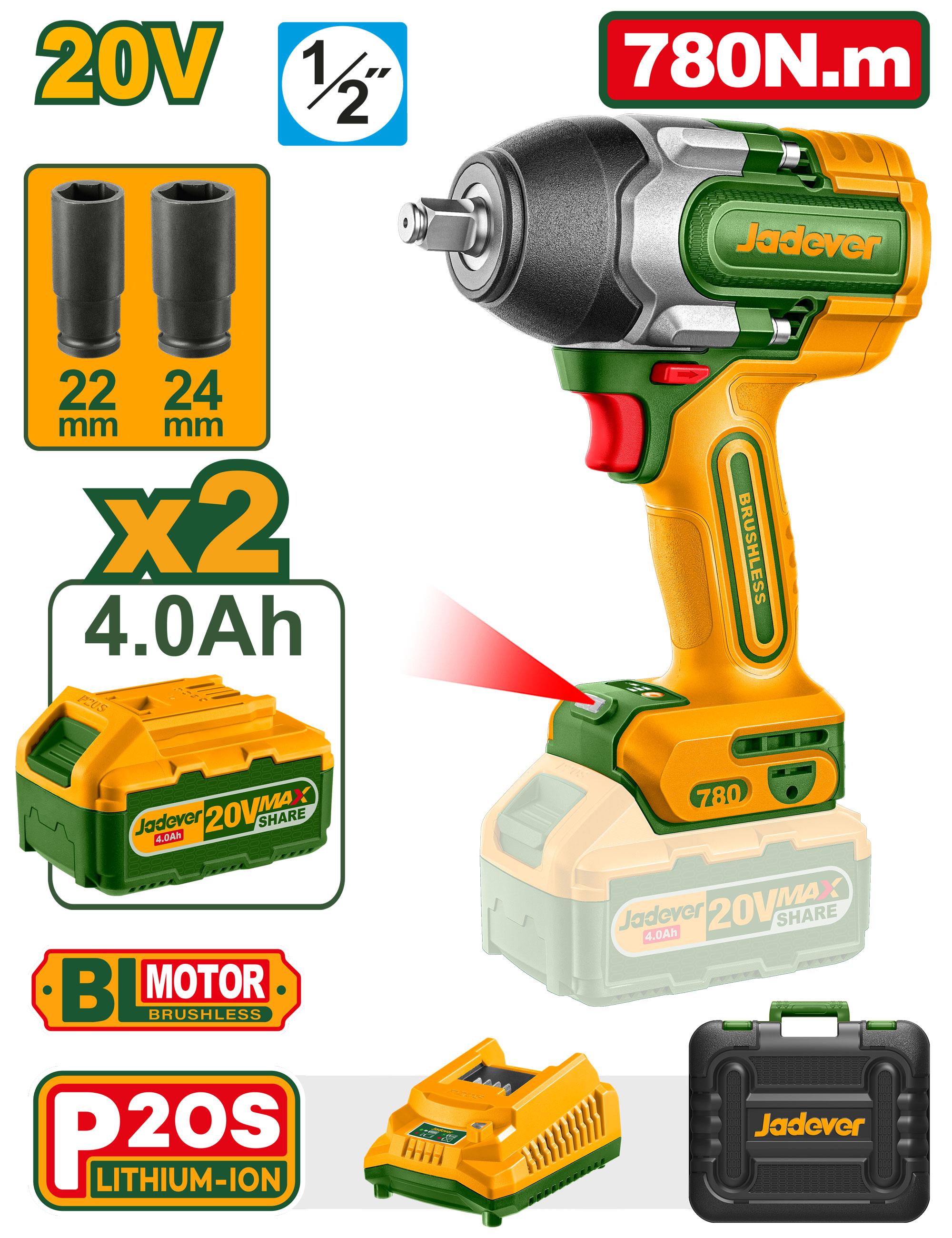 Гайковерт ударный Аккумуляторный Jadever 20V 780N.m (1x4) 