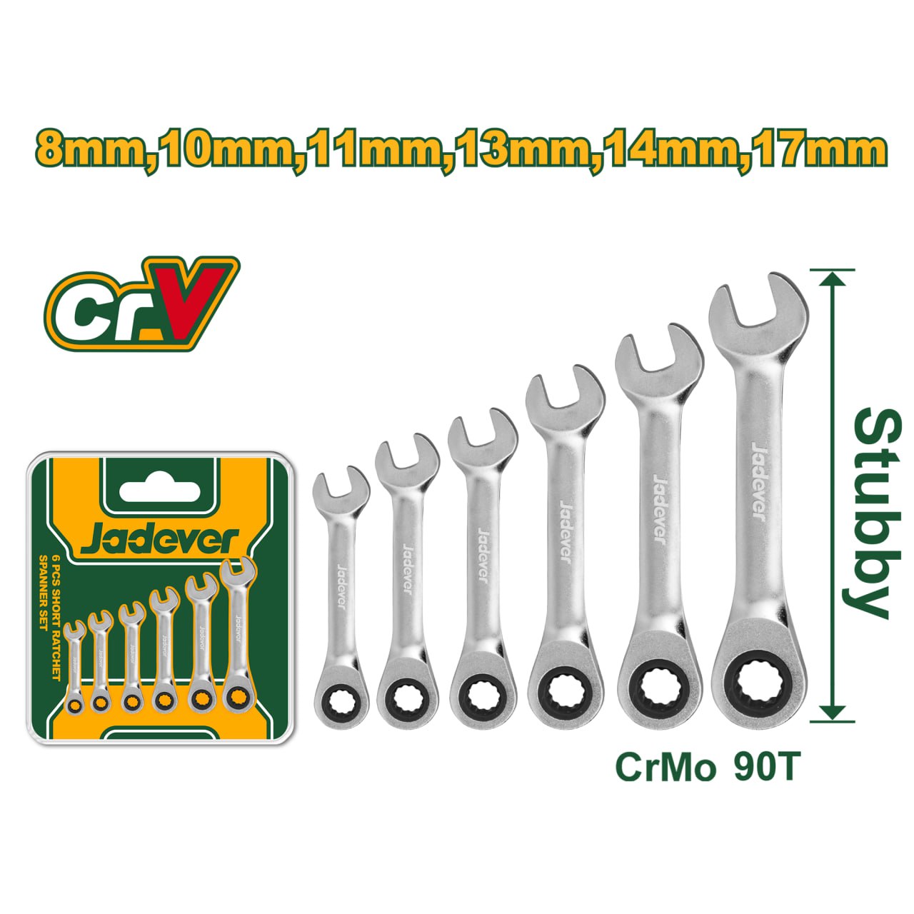 Набор коротких гаечных ключей с храповиком Jadever 6pcs 8-17mm (1x48)