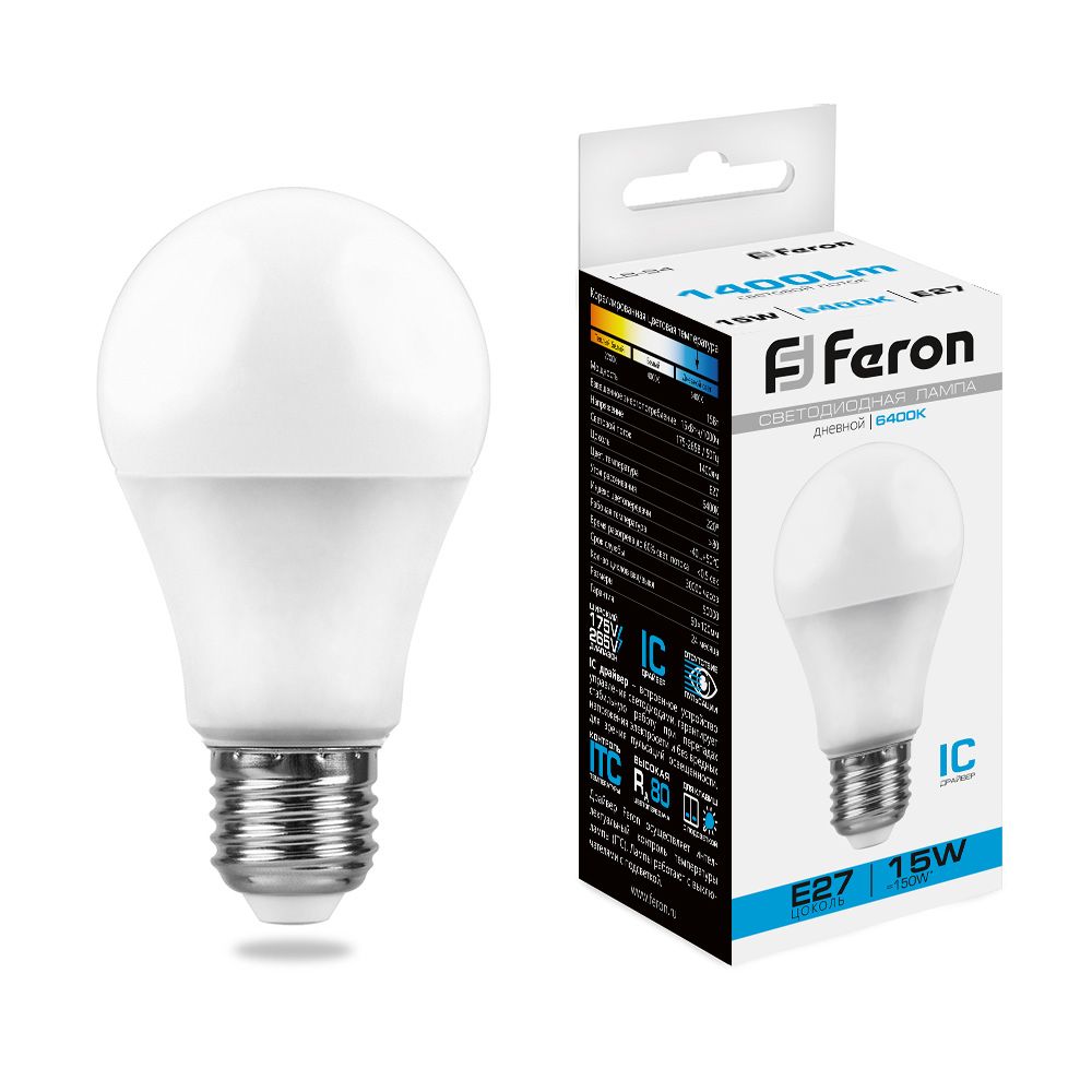 Лампа светодиодная FERON LB-94 (15W) 230V E27 6400K A60 (1*10) (100)   |2