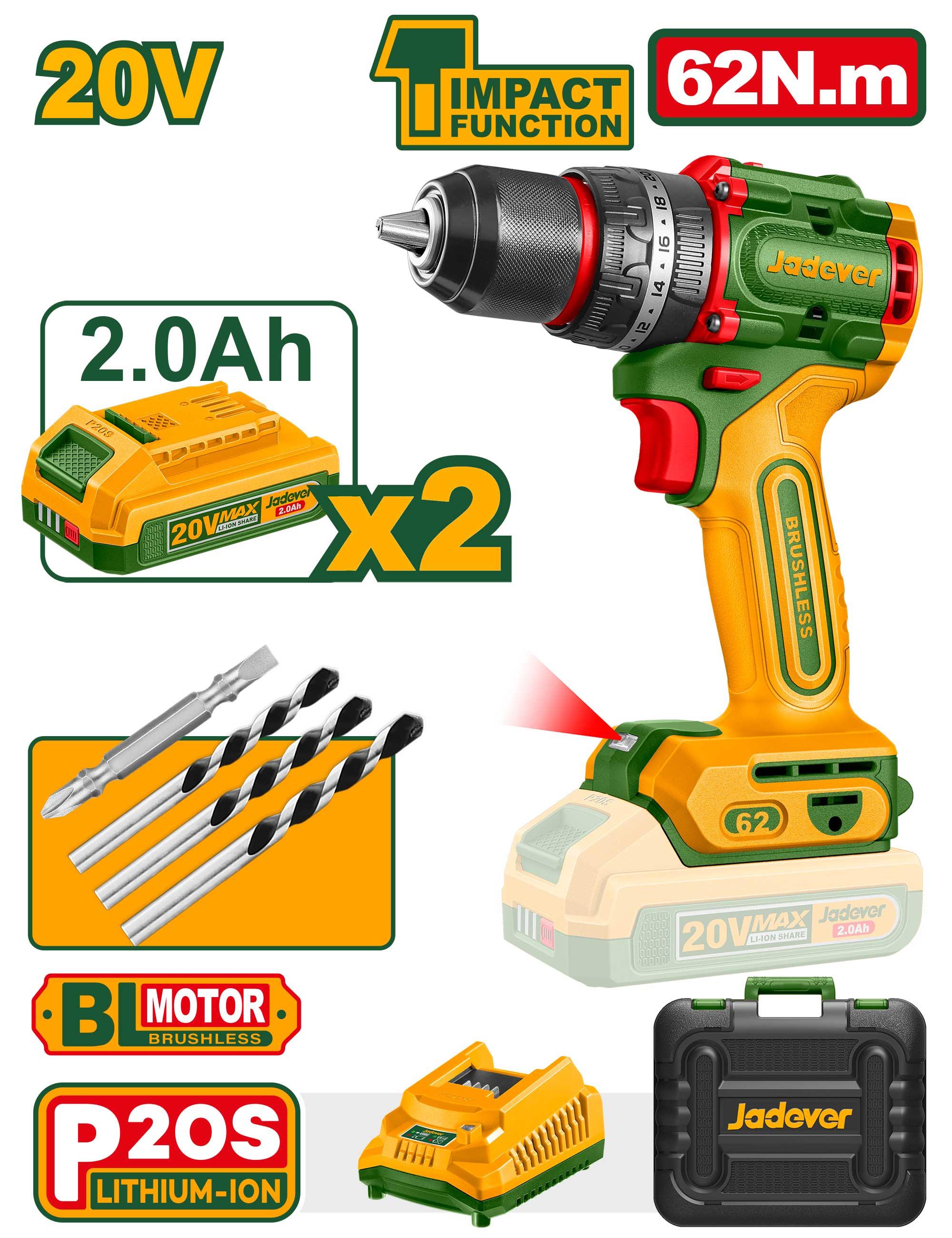 Аккумуляторная ударная дрель-шуруповерт Jadever 62N.m,Бесщеточный (1x5)   |*