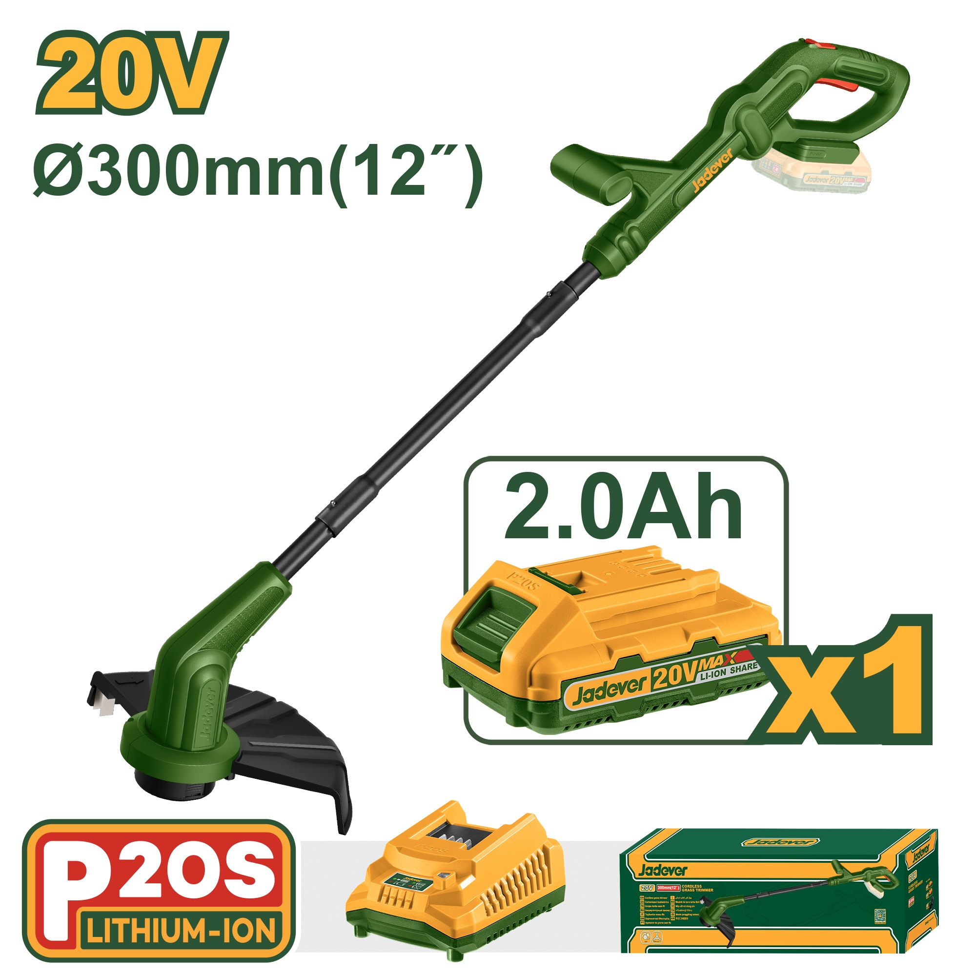 Триммер Аккумуляторный Jadever 20V (1х2)(1x10)   |*