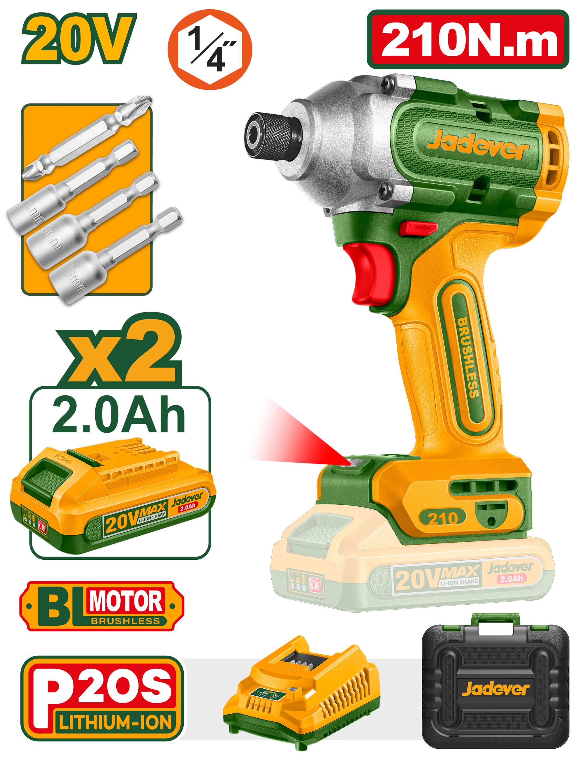 Винтоверт ударный Аккумуляторный Jadever 20V 1/4 210N.m 