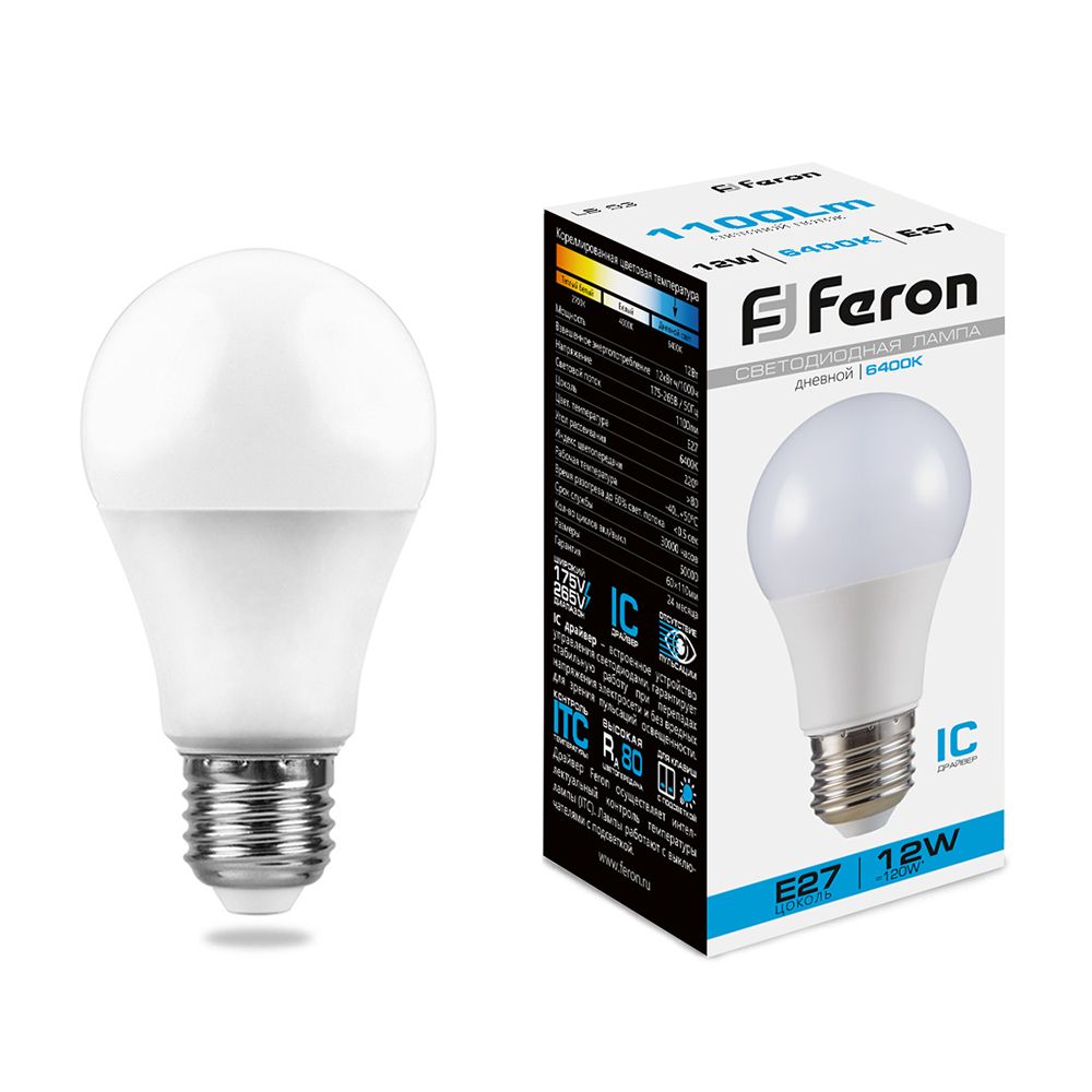 Лампа светодиодная FERON LB-93 (12W) 230V E27 6400K A60 (1*10) (100)   |2